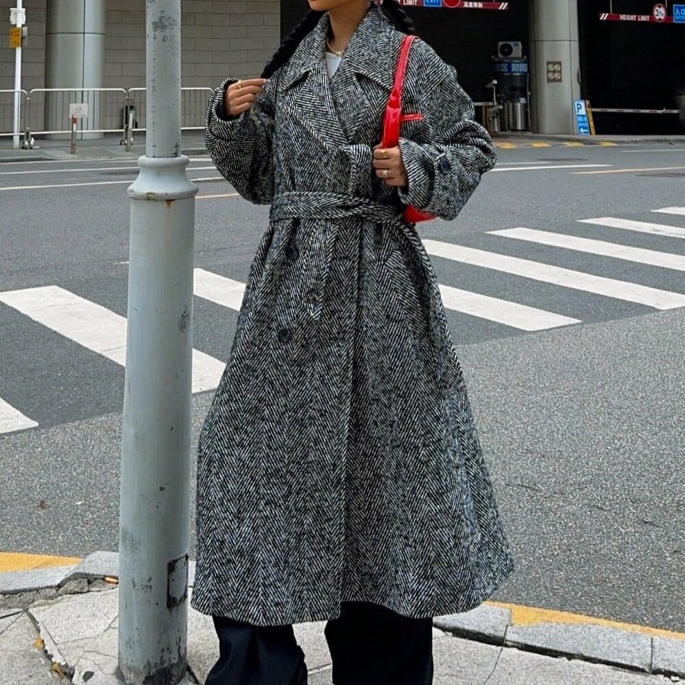 Black & White Women's Herringbone Double-Breasted Belted Longline Coat